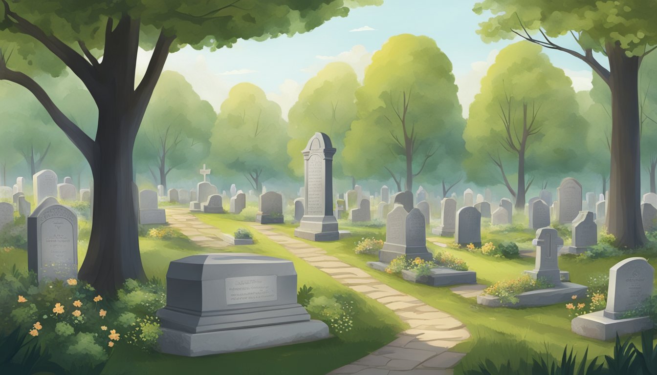 A serene forest clearing with gravestones, surrounded by a marketplace of burial plot offerings on a platform