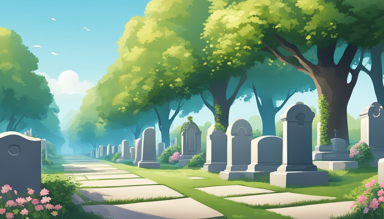 A serene cemetery with rows of gravestones surrounded by lush greenery and blooming flowers, under a clear blue sky