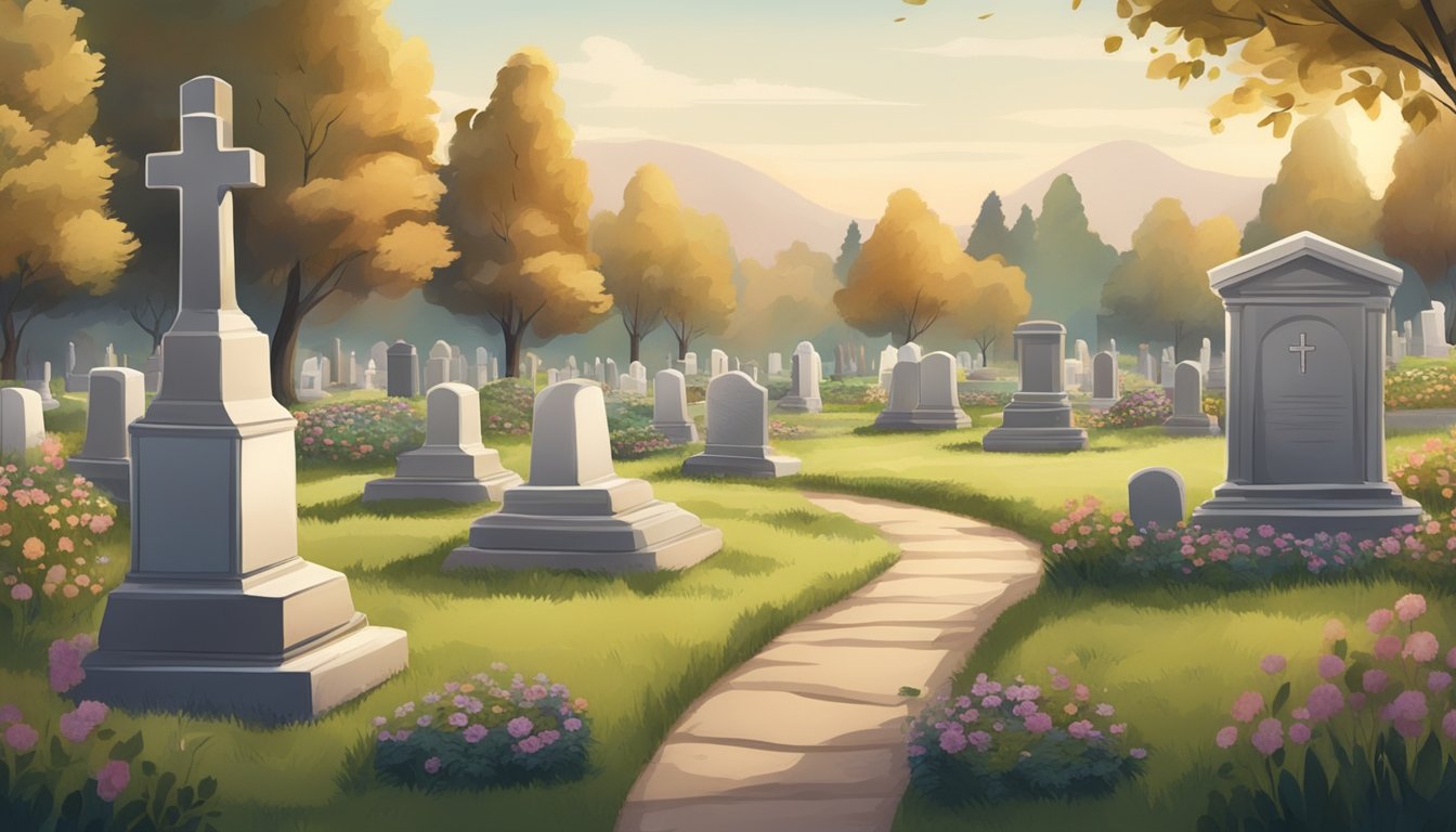 A serene cemetery with a freshly dug burial plot, surrounded by gravestones and a peaceful landscape