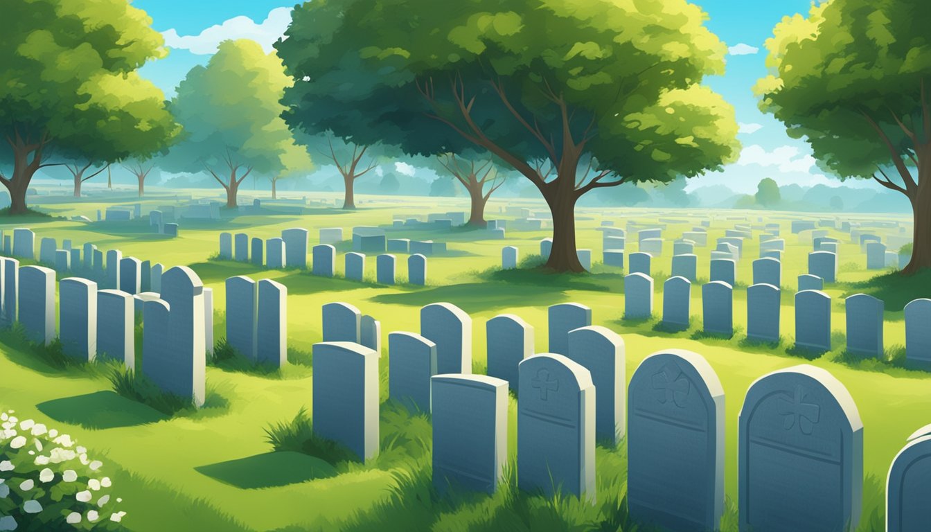 A serene cemetery with rows of headstones under a clear blue sky, surrounded by lush greenery and peaceful atmosphere