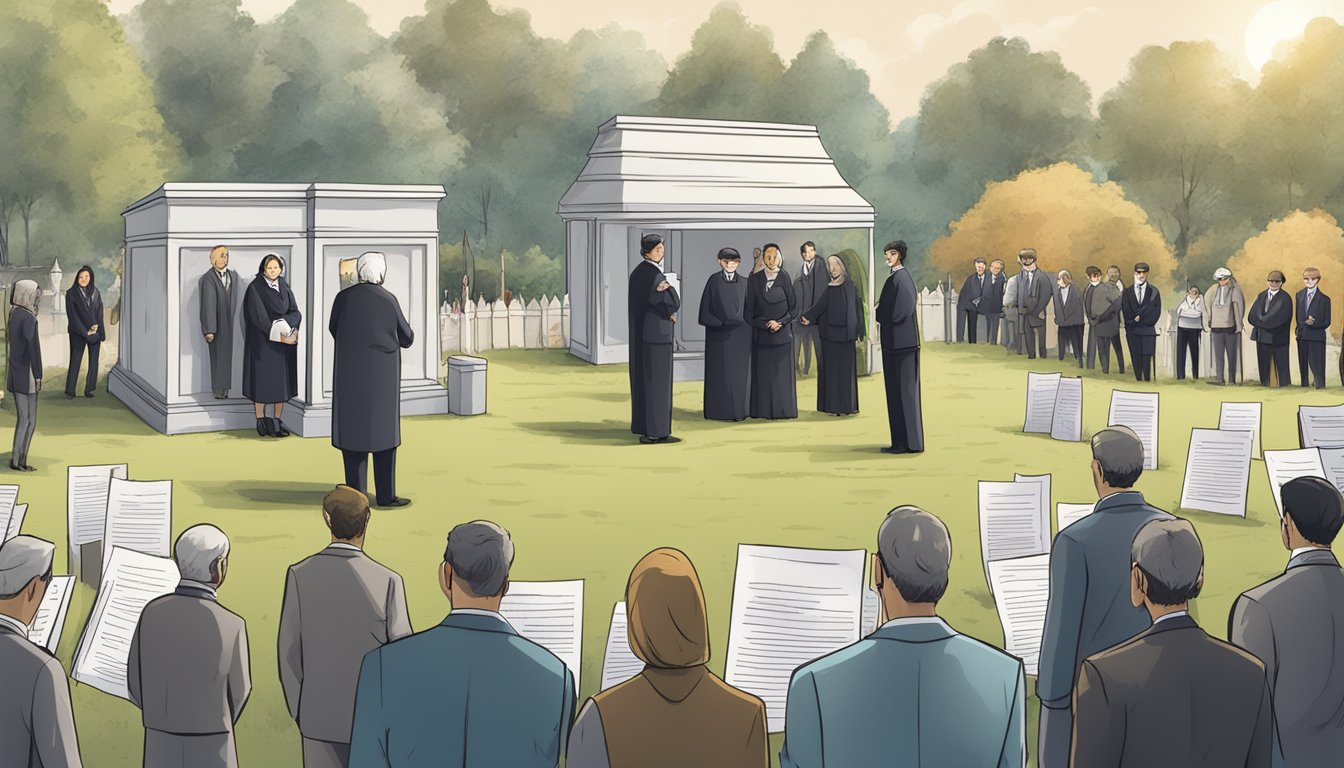 A group of people standing at a funeral plot, surrounded by legal documents and signs warning against burial plot scams