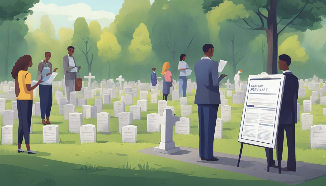 A group of people at a cemetery, looking at a price list for burial plots with a sign emphasizing consumer rights and price transparency