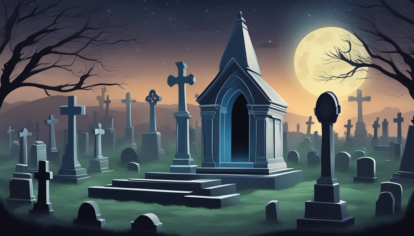 A solitary burial plot in a moonlit cemetery, with a haunting atmosphere and a sense of mystery