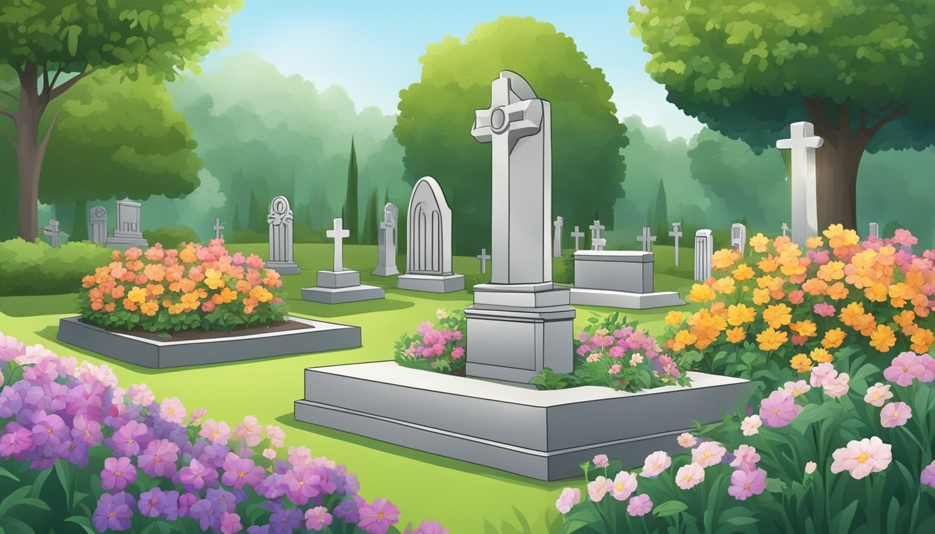 A tranquil cemetery garden with neatly arranged flowers and plants surrounding a burial plot, showing care and respect