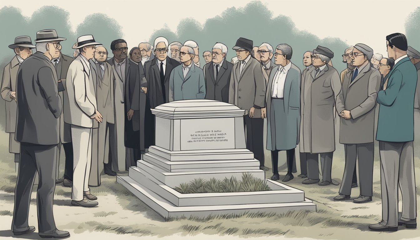 A group of people gather around a burial plot, pointing and gesturing in disagreement while a mediator attempts to resolve the dispute