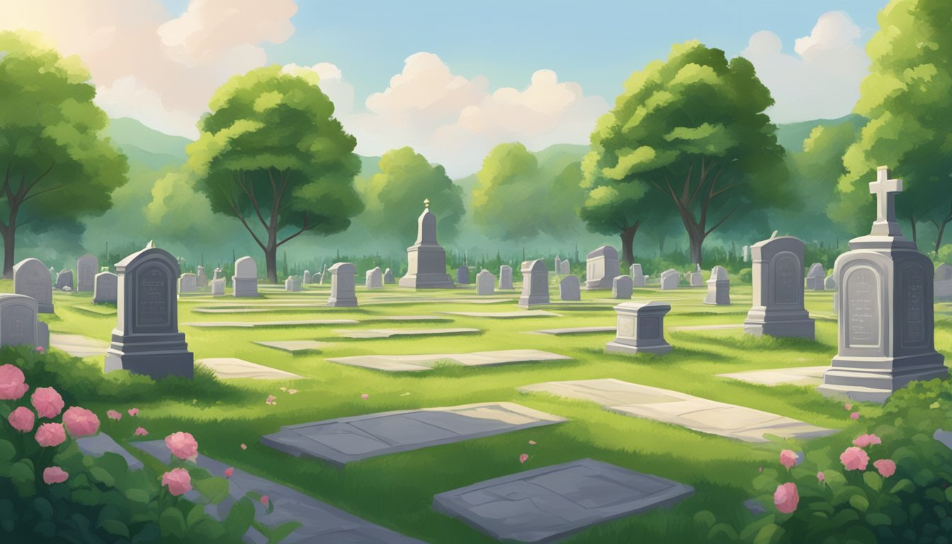 A serene cemetery with a movie screen erected in the distance, surrounded by lush greenery and marked by solemn gravestones