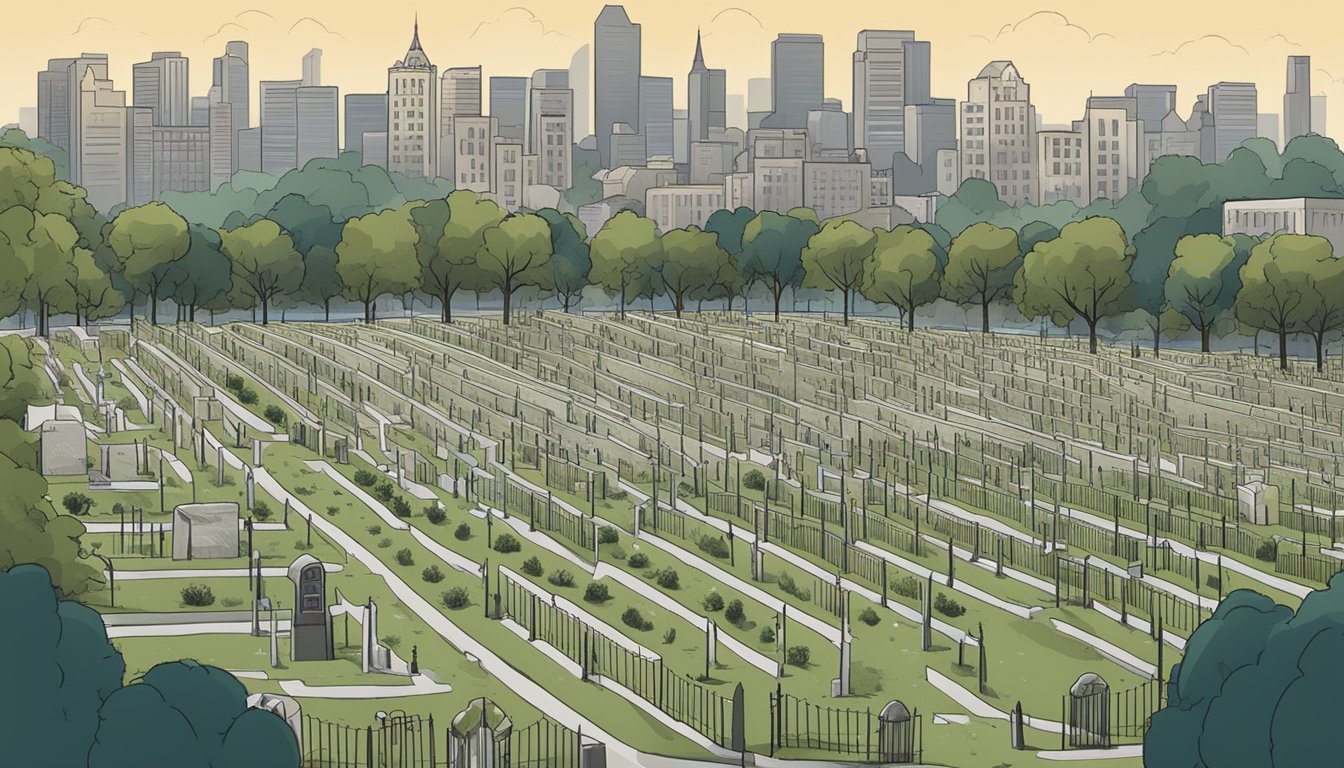 A cemetery with rows of burial plots, surrounded by a bustling city. A movie theater marquee advertises a film about economic aspects