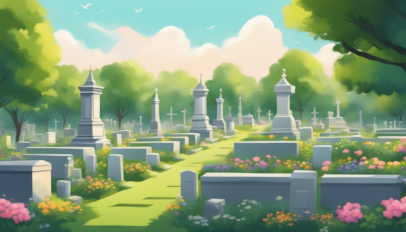 A serene cemetery with rows of gravestones and mausoleums surrounded by lush greenery and flowers