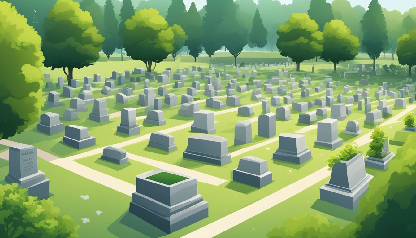 A serene cemetery with neatly arranged burial plots, surrounded by lush greenery and marked with simple headstones