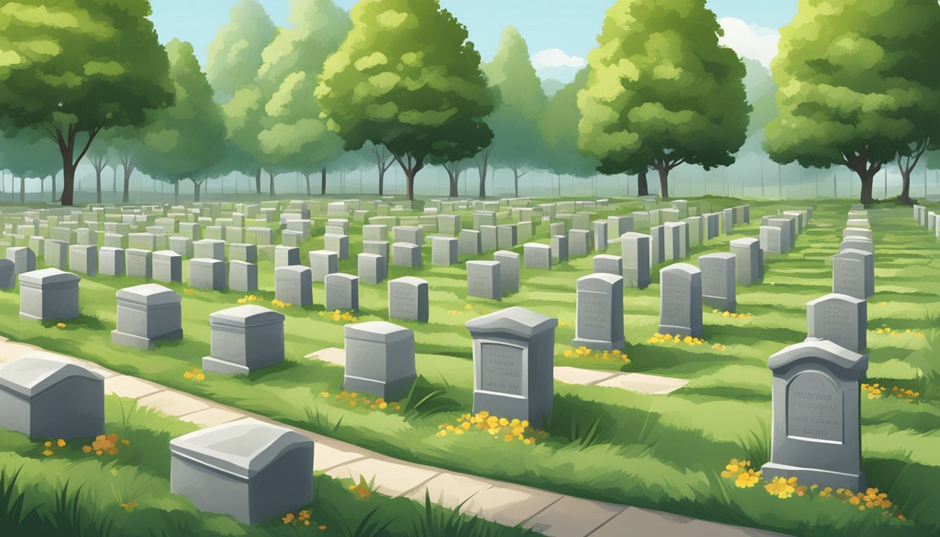 A serene cemetery with rows of gravestones and lush greenery, each plot marked with a unique nameplate