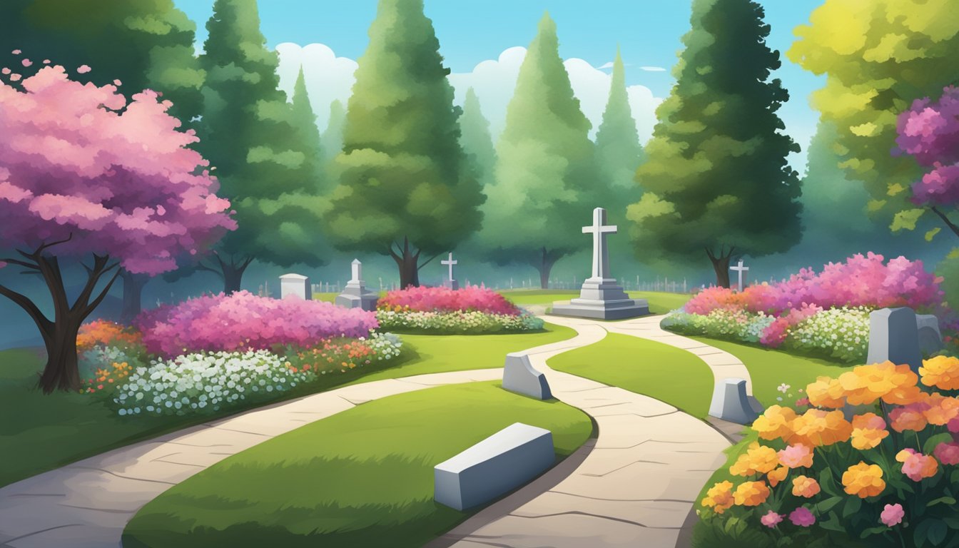 An empty burial plot in a peaceful cemetery, surrounded by tall trees and colorful flowers