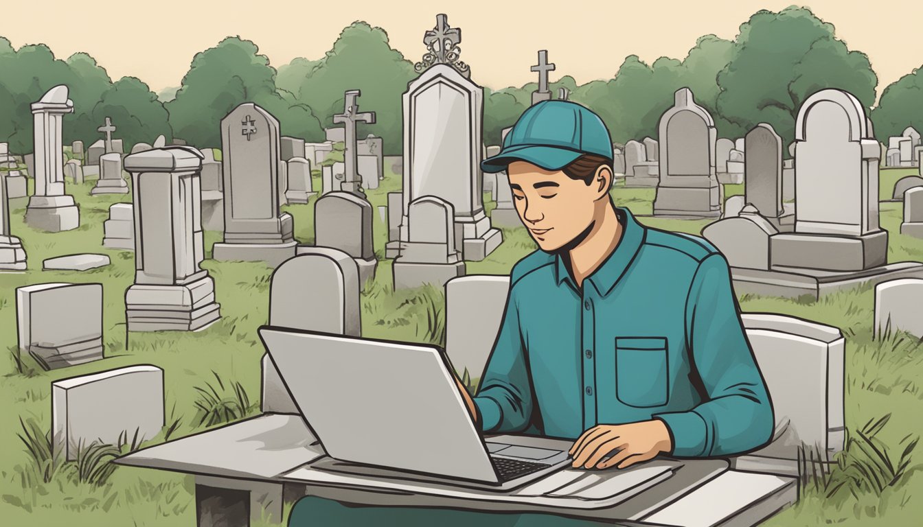 A person using a laptop to browse different cemetery burial plots online