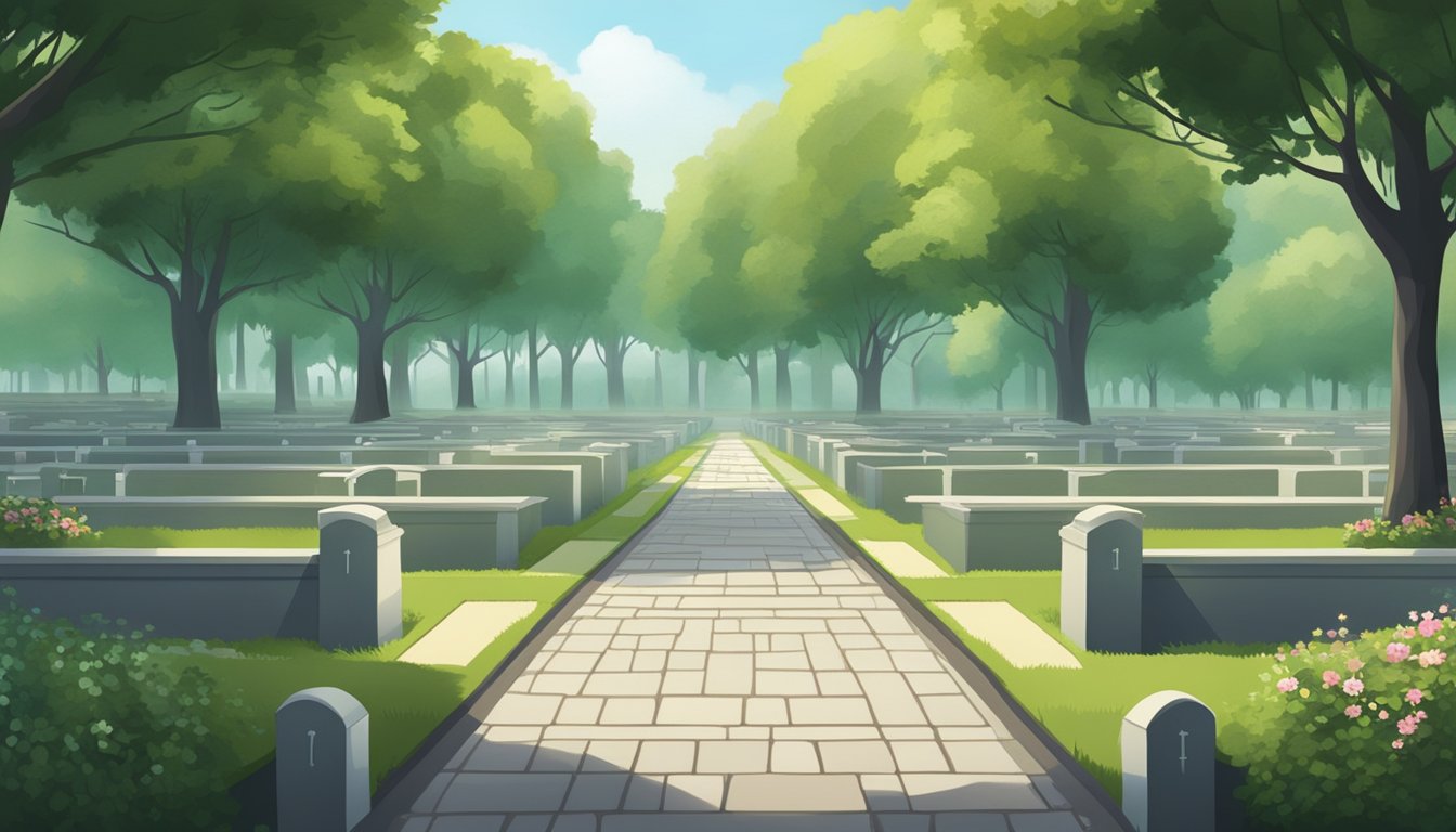 A serene cemetery with rows of burial plots, surrounded by lush greenery and a peaceful atmosphere