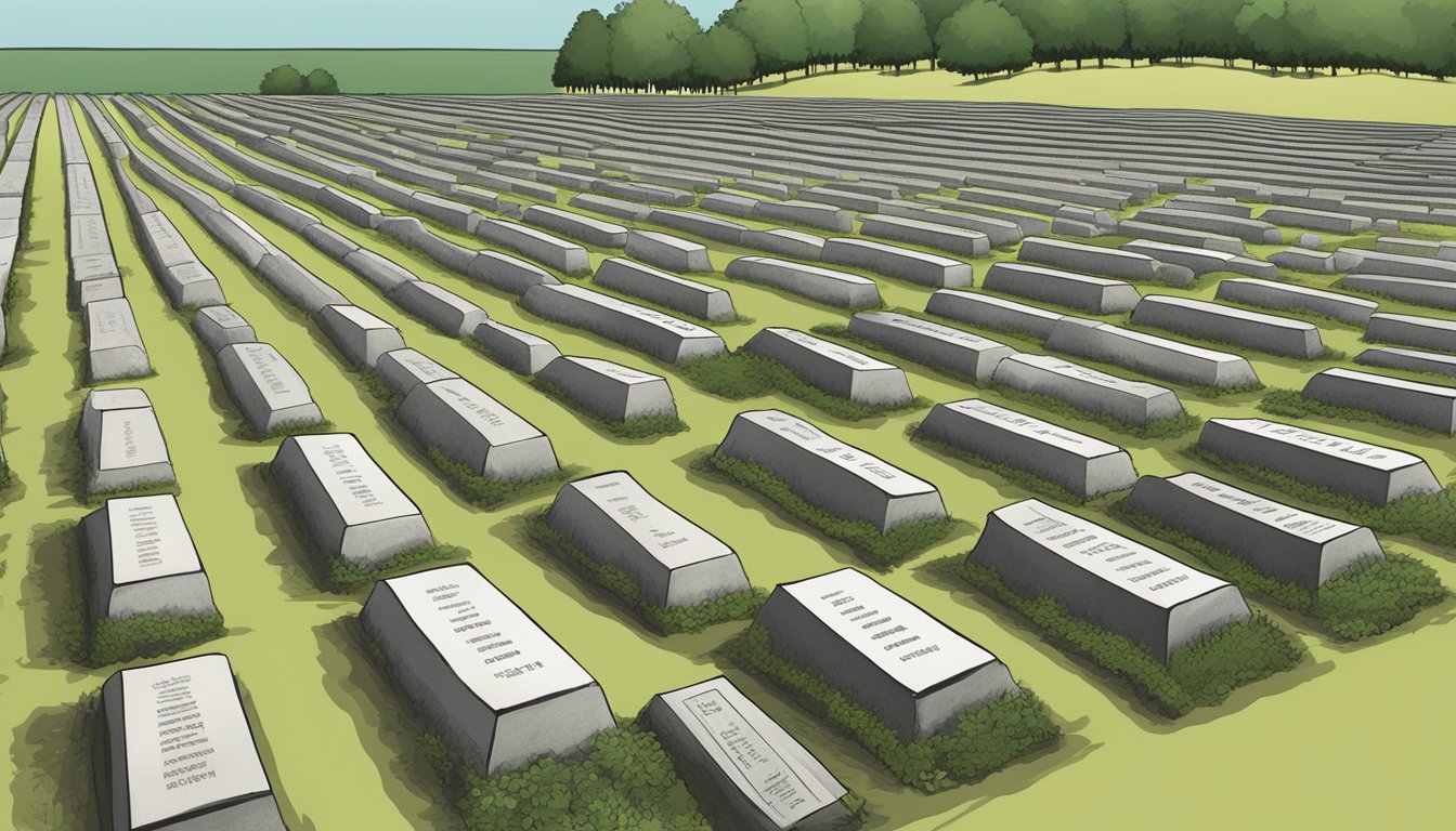 An open field with rows of burial plots, marked by simple headstones