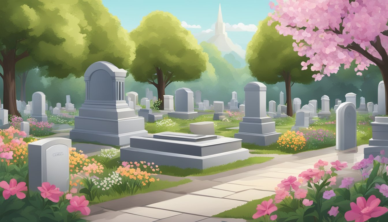 A serene cemetery with a computer and a burial plot displayed on the screen, surrounded by flowers and trees