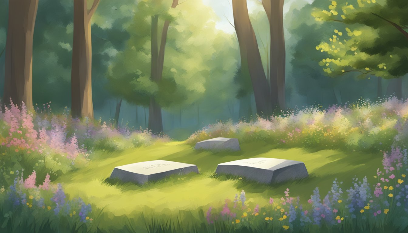 A serene woodland clearing with a simple burial plot marked by a weathered headstone surrounded by wildflowers and dappled sunlight