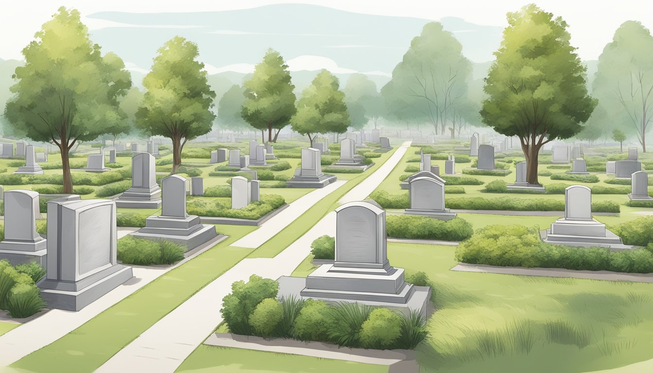 A serene cemetery with neatly arranged horizontal burial plots surrounded by carefully planned landscaping