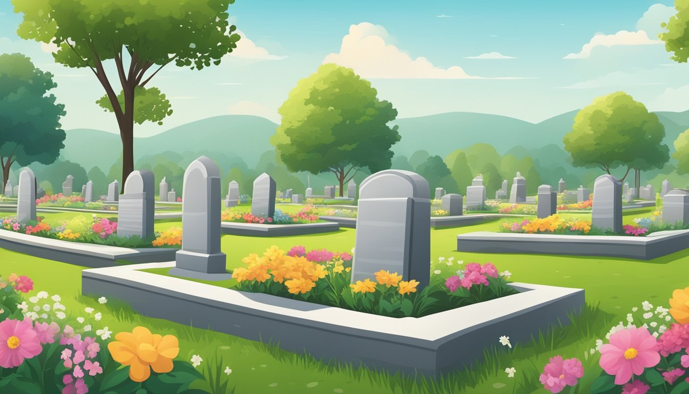 A serene cemetery with neatly arranged horizontal burial plots surrounded by lush green grass and colorful flowers