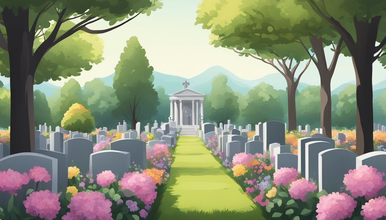 A peaceful cemetery with rows of burial plots, surrounded by trees and flowers