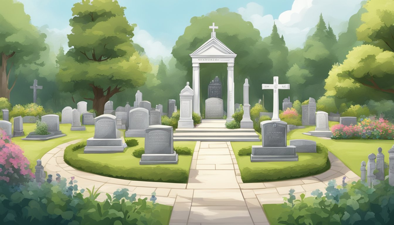 A serene cemetery plot with a title marker, surrounded by carefully planned landscaping and peaceful surroundings