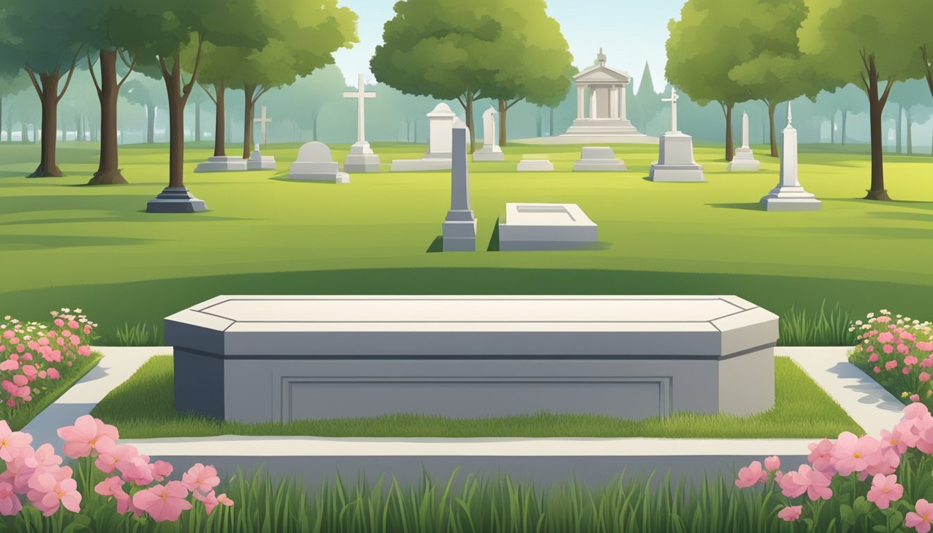 A well-kept burial plot in a French cemetery, with neatly trimmed grass, flowers, and a clean headstone