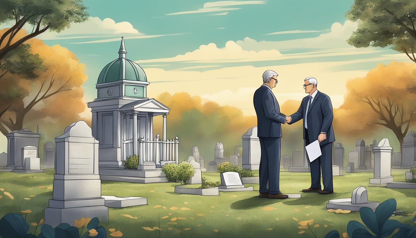 A lawyer hands over paperwork for acquiring and transferring burial plots in a serene cemetery setting