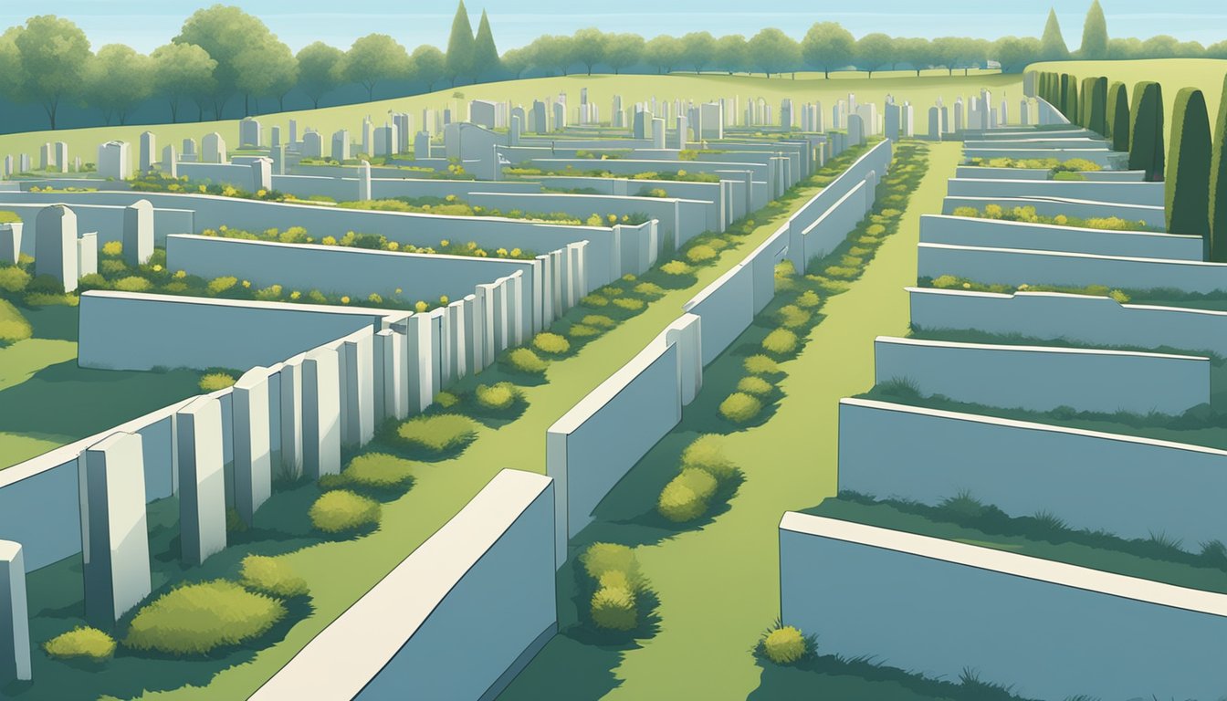 A serene cemetery with rows of burial plots under a clear blue sky