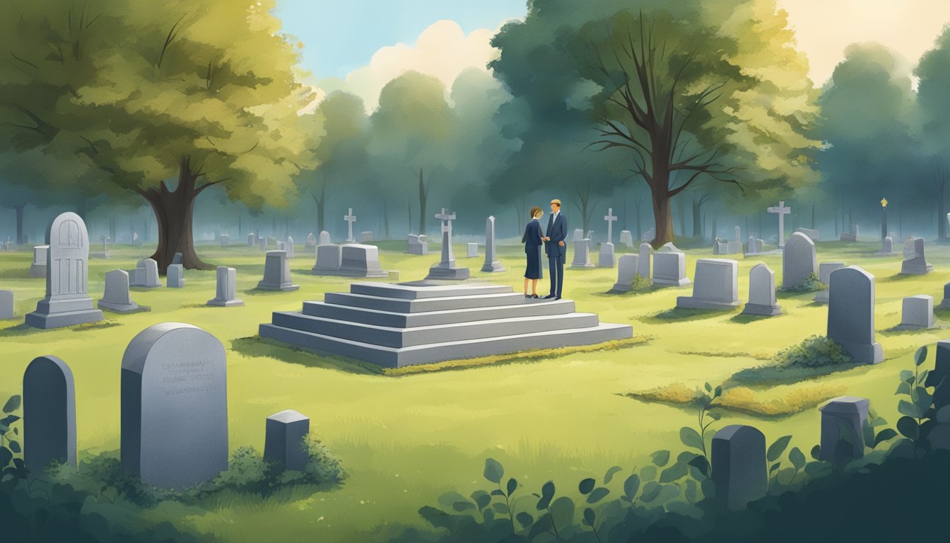 A serene cemetery with a freshly dug burial plot, surrounded by a lawyer discussing end-of-life arrangements with a grieving family