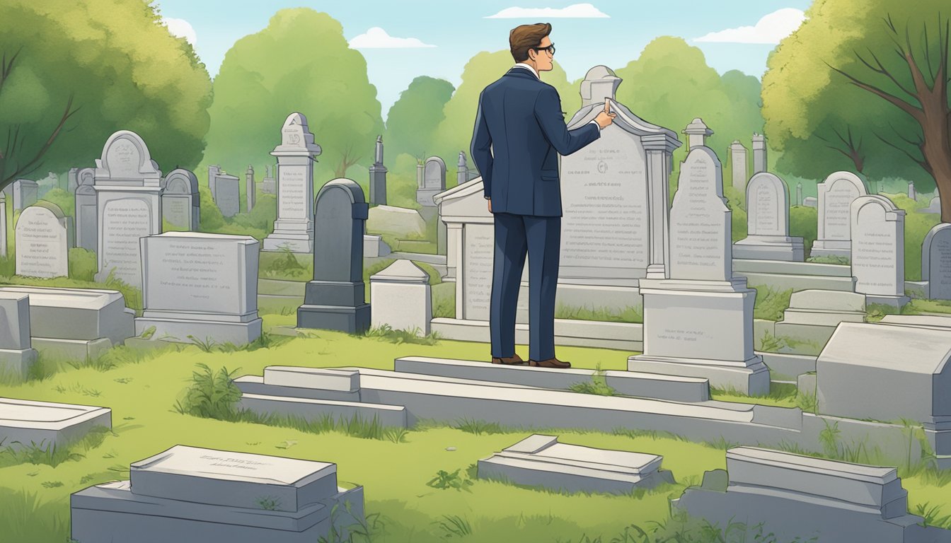 A lawyer stands in a cemetery, pointing to a burial plot map with special circumstances marked. The lawyer is surrounded by tombstones and greenery