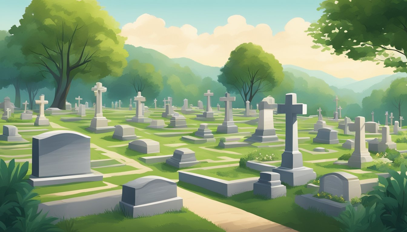 A serene cemetery with neatly arranged burial plots and a backdrop of lush greenery and peaceful surroundings