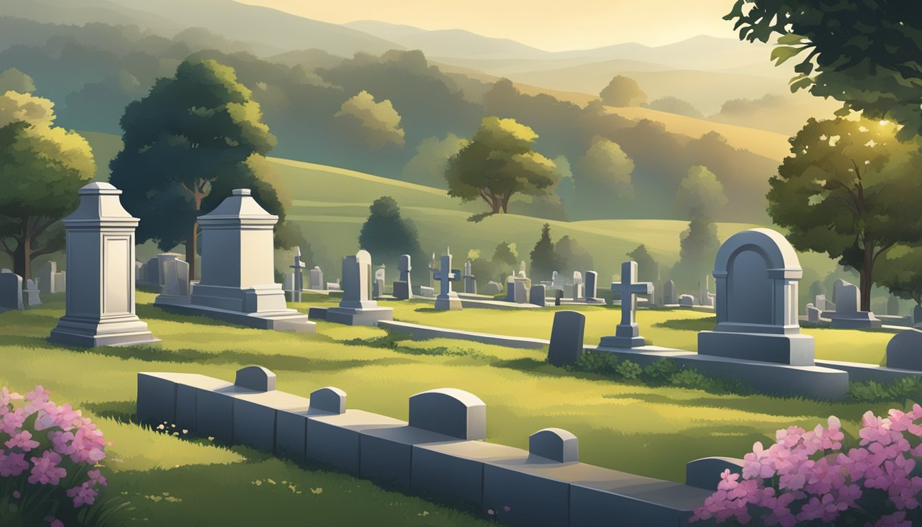 A serene cemetery plot with a view of rolling hills and a peaceful atmosphere