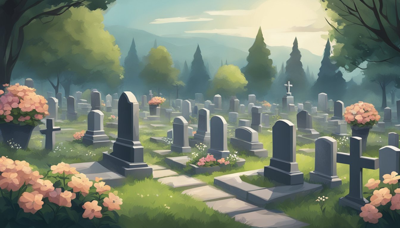 A peaceful cemetery with gravestones and flowers, a somber atmosphere with a hint of hope