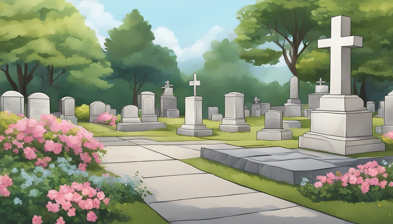 A serene cemetery plot with flowers, trees, and a memorial stone