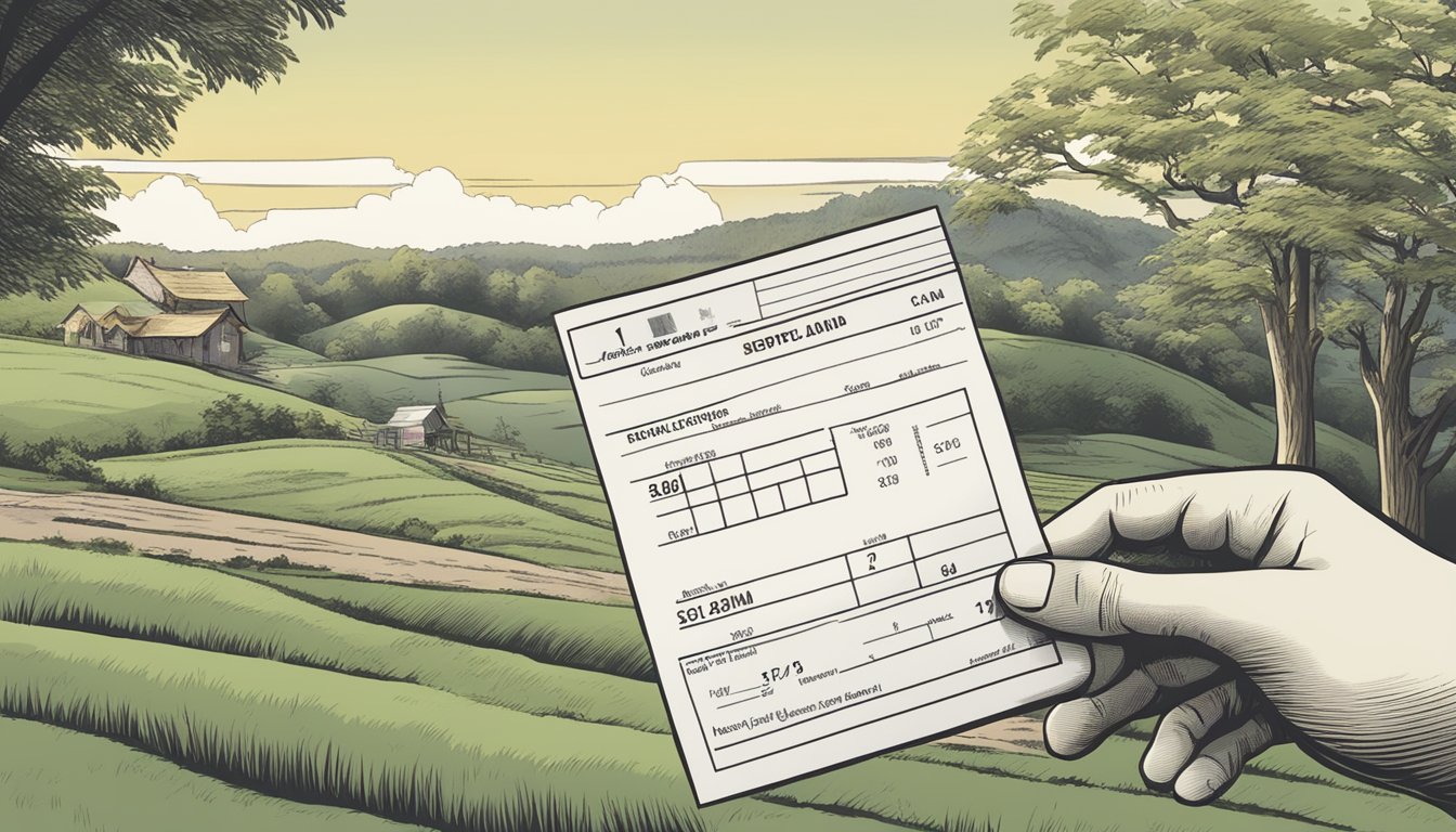 A hand holding a receipt for a burial plot, with a small plot of land in the background