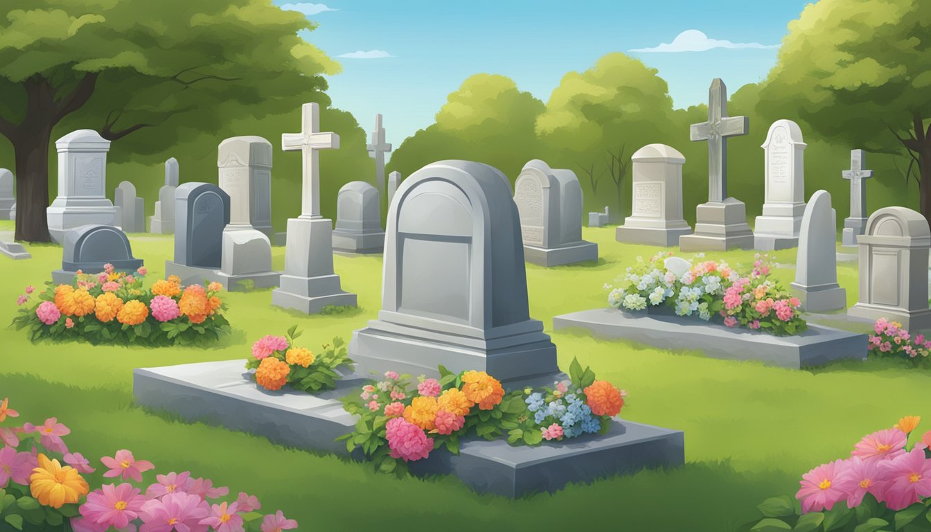 A serene cemetery plot with well-kept gravestones and colorful floral arrangements