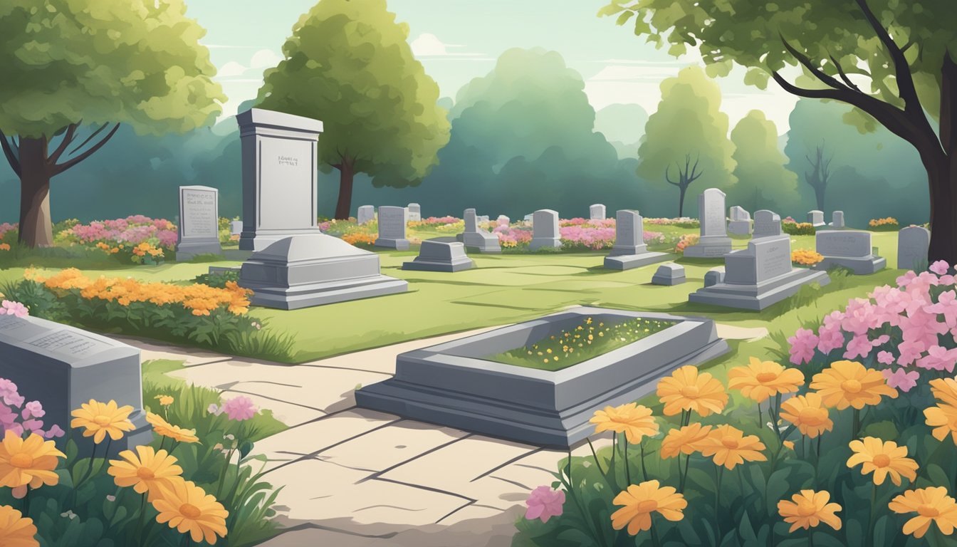 A serene cemetery with a freshly dug grave, surrounded by flowers and a burial plot receipt placed on the ground