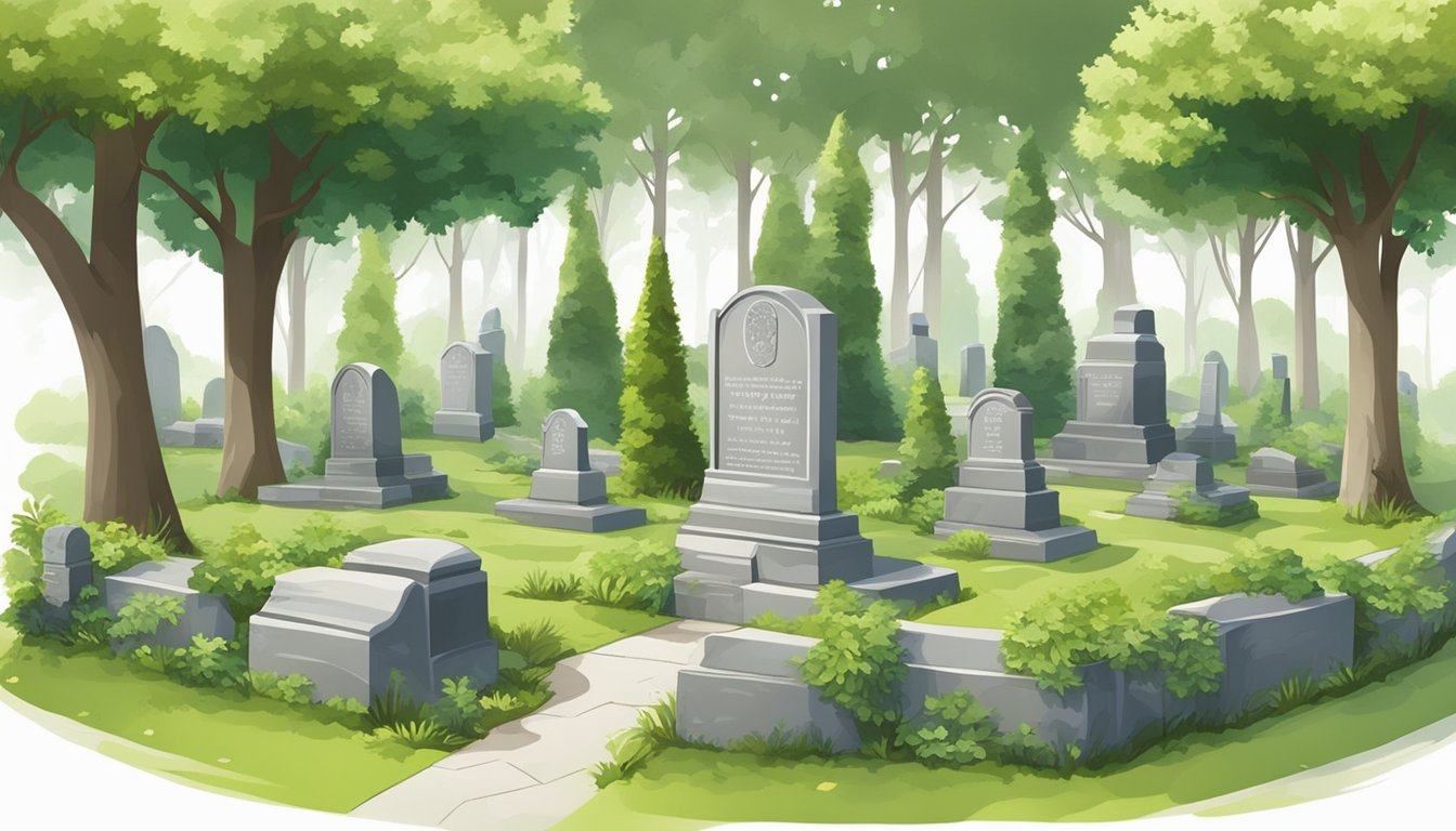 A serene cemetery plot with lush greenery and eco-friendly gravestones, surrounded by trees and wildlife