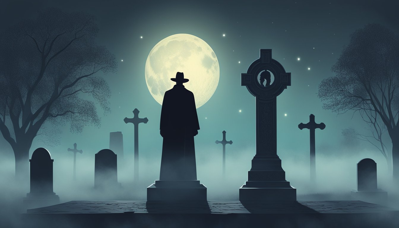 A shadowy figure stands in front of a tombstone, surrounded by mist and eerie moonlight