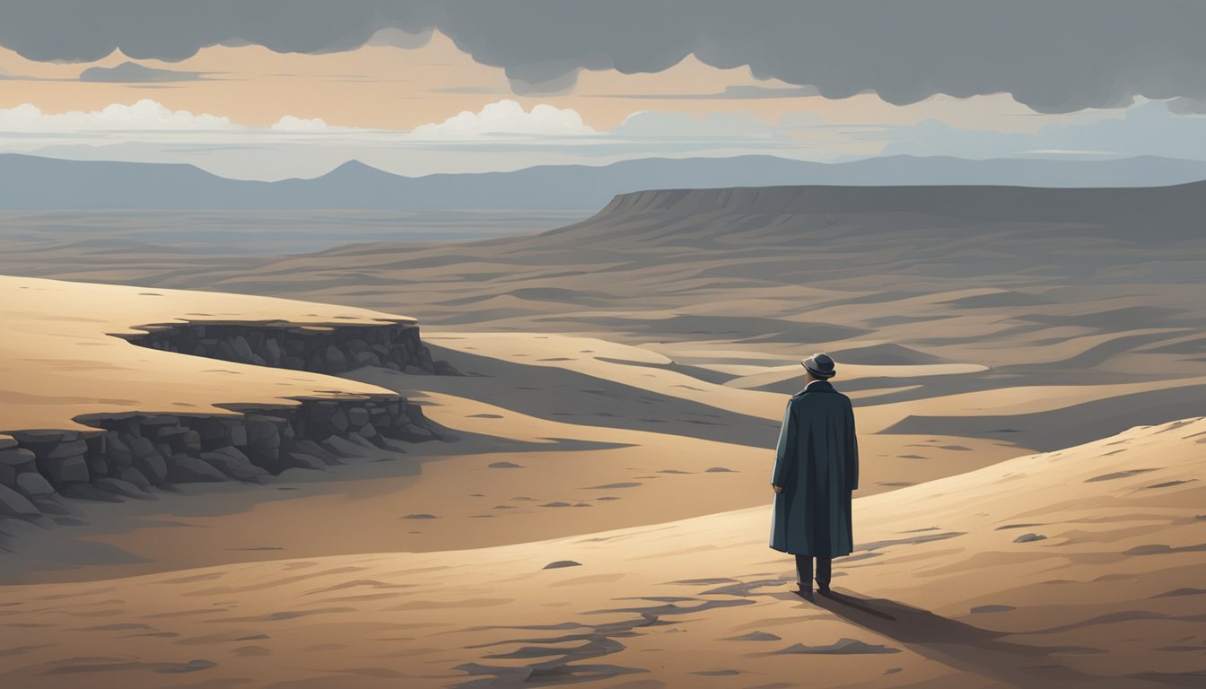 A lone figure stands at the edge of a vast, desolate landscape, surrounded by scattered burial mounds. The sky is overcast, adding to the somber mood