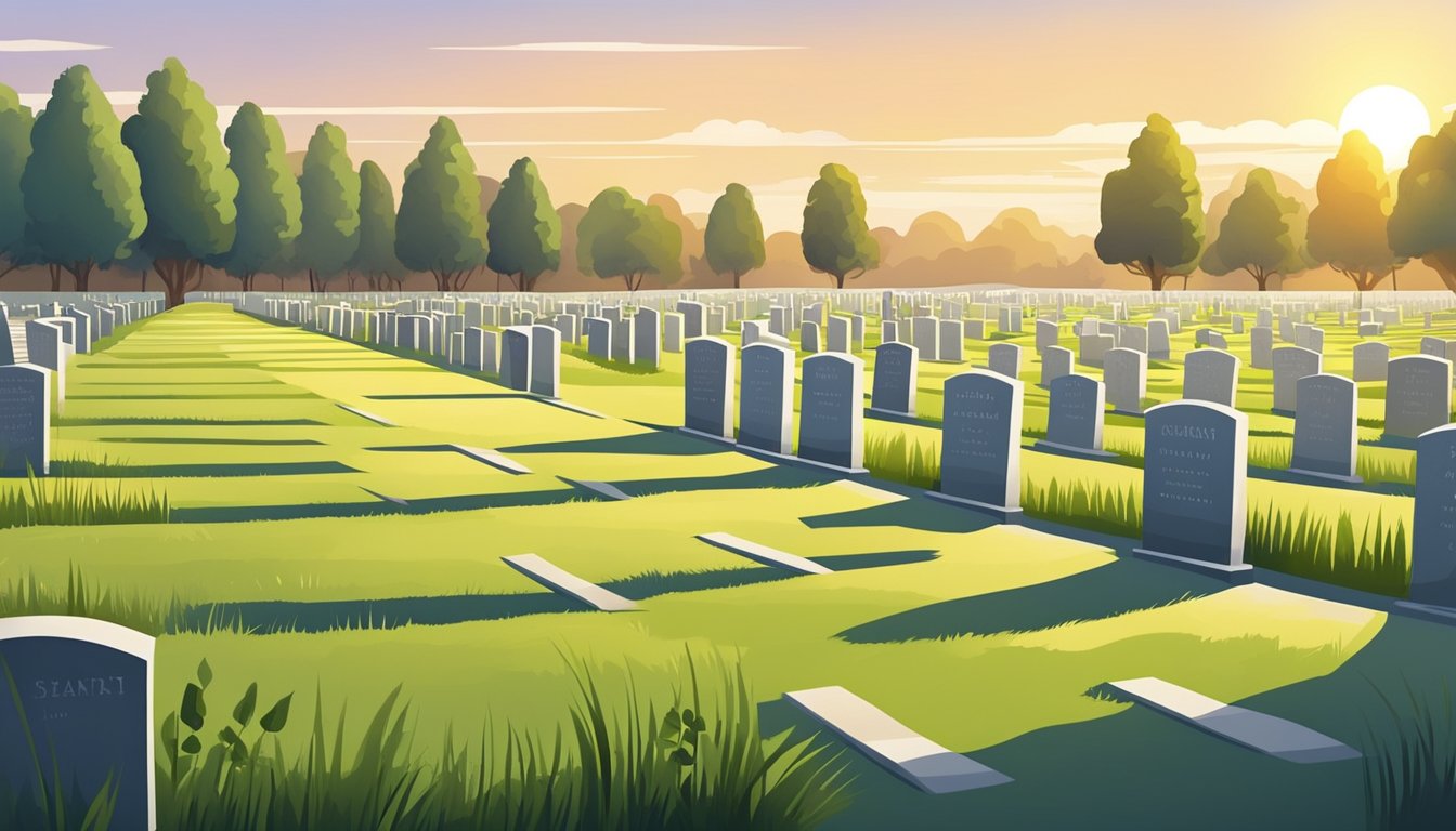 A serene cemetery with rows of burial plots, each marked with a simple headstone. The sun casts long shadows across the neatly manicured grass