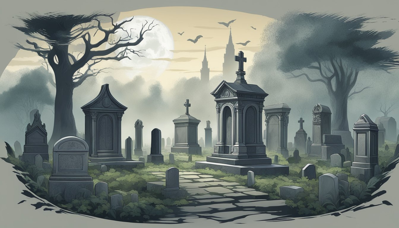 A misty cemetery with ornate, weathered headstones and mausoleums, surrounded by gnarled trees and creeping ivy