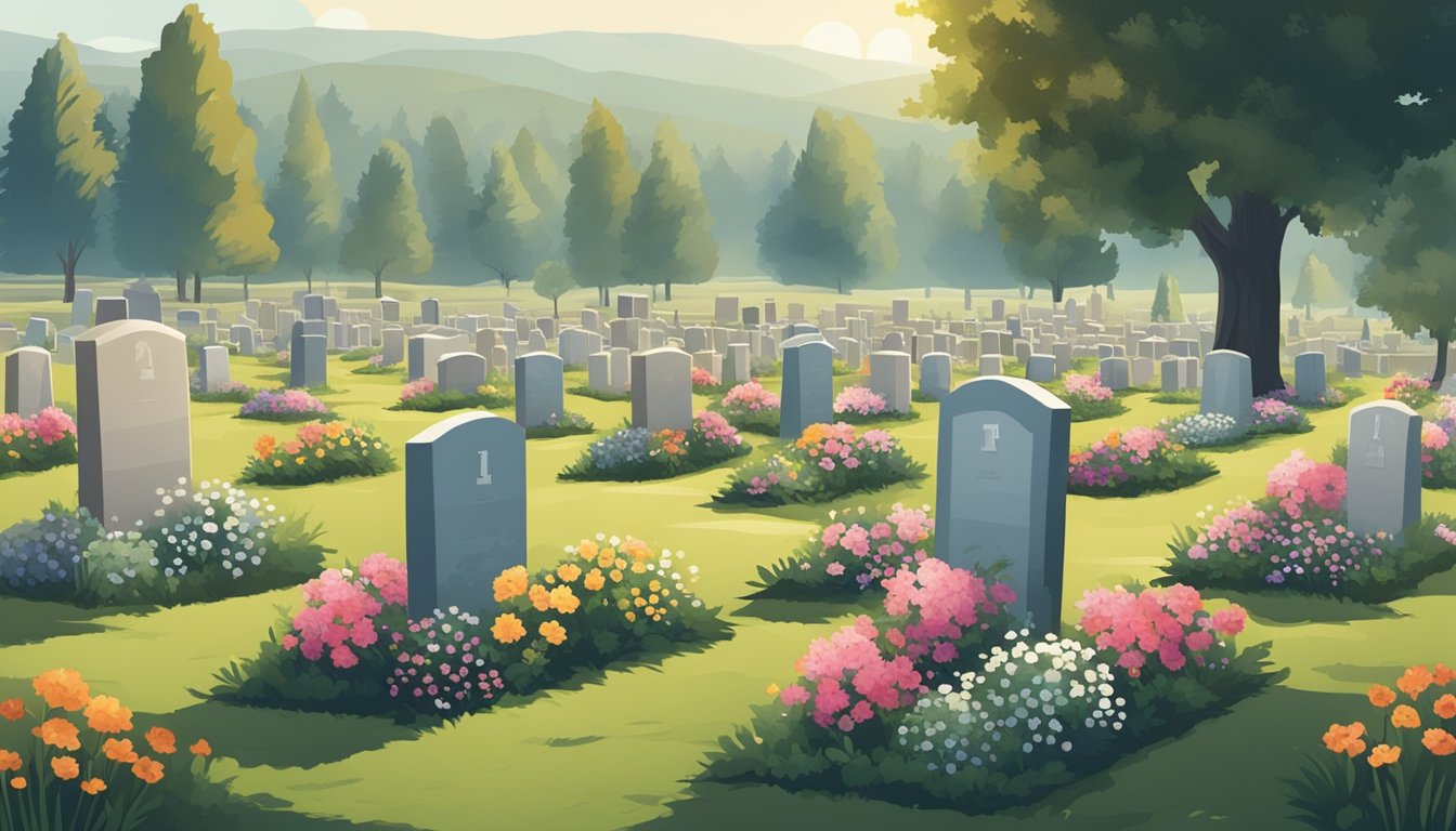 A serene cemetery with rows of burial plots, some adorned with flowers and others adorned with simple headstones, set against a backdrop of rolling hills