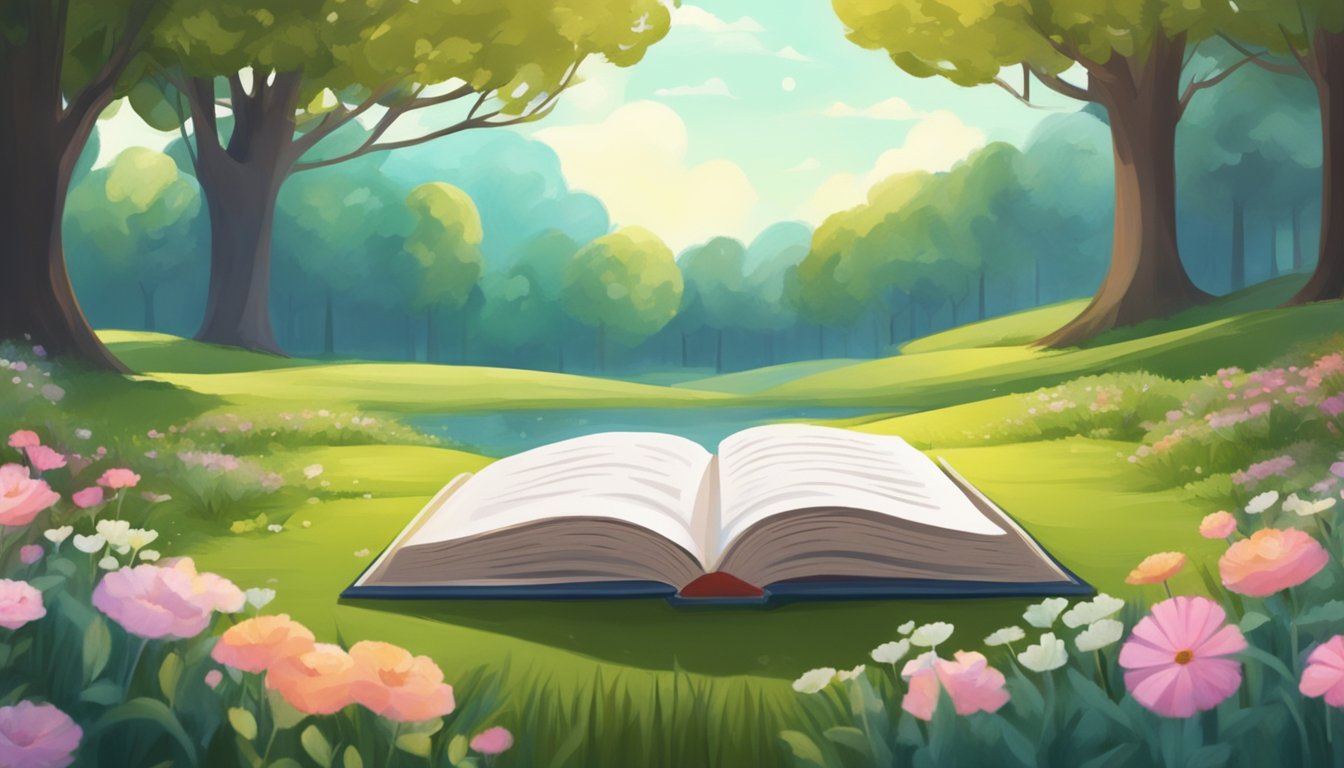 An open book lies on a grassy burial plot, surrounded by flowers and trees. A serene atmosphere with a sense of connection to literature