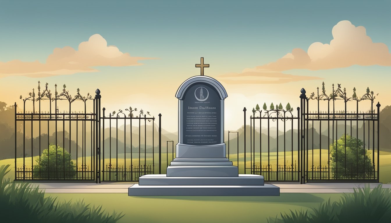 A burial plot marked with a headstone, surrounded by a wrought iron fence, with a serene landscape in the background