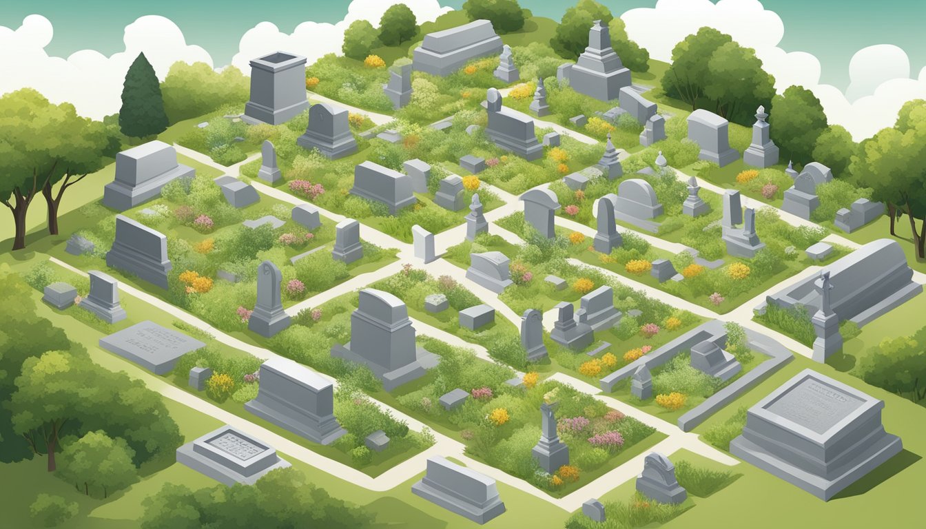 A cemetery map with numbered burial plots surrounded by gravestones and greenery