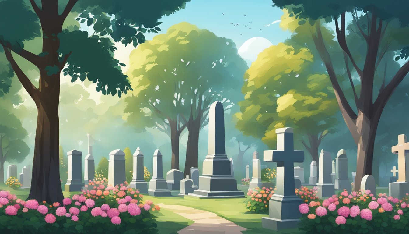 A serene cemetery with neatly arranged headstones and colorful flowers. Tall trees provide shade, and a peaceful atmosphere pervades the space