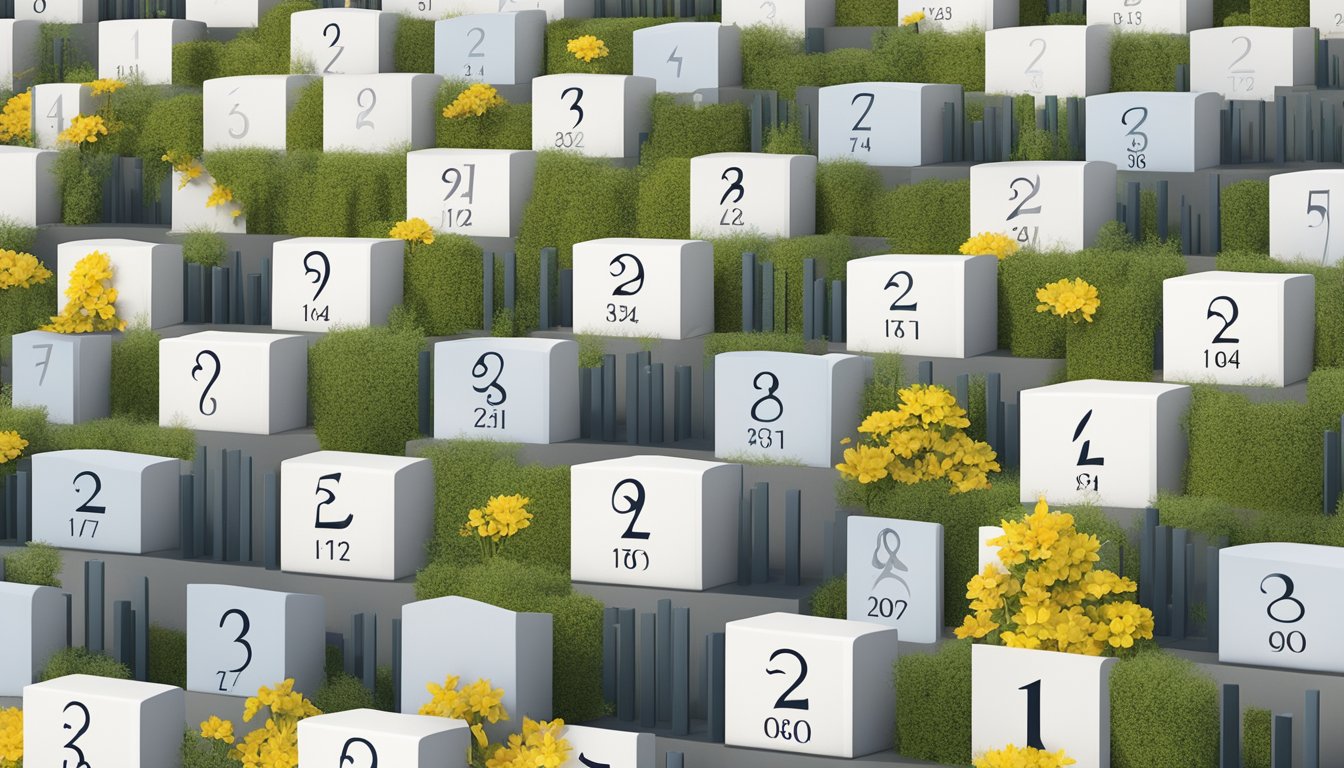 A grid of numbered burial plots in a modern cemetery, each marked with a unique symbol or design to indicate its significance