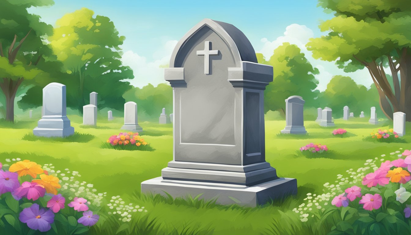 A serene cemetery plot with a weathered headstone, surrounded by lush green grass and colorful flowers, evoking a sense of peace and contemplation