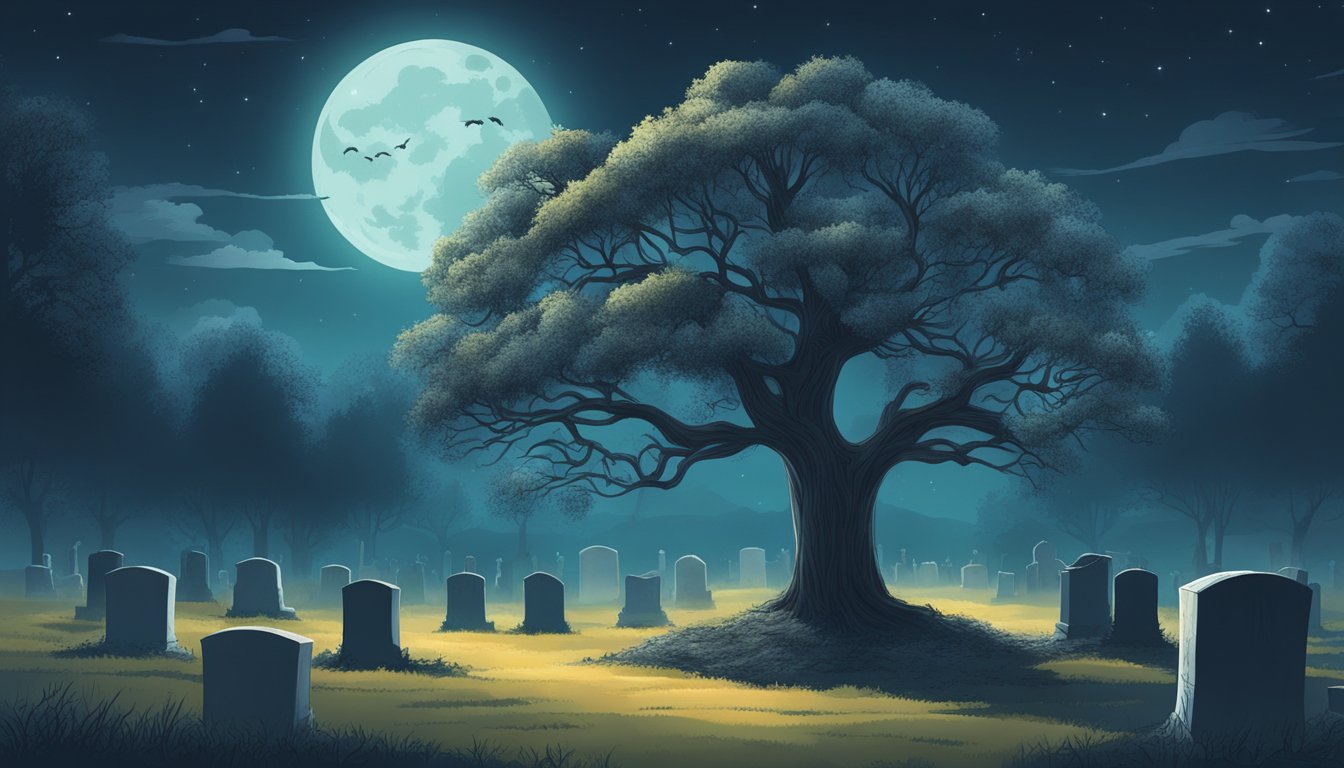 A solitary tree stands in a moonlit cemetery, surrounded by gravestones. A haunting melody lingers in the air, capturing the somber mood of the burial plot song