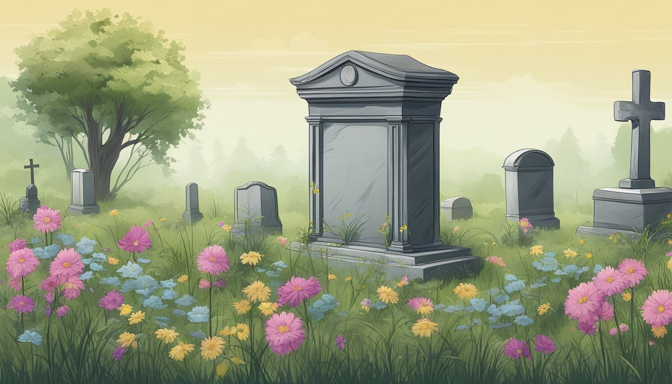 A cemetery plot with overgrown grass, a weathered headstone, and wilted flowers